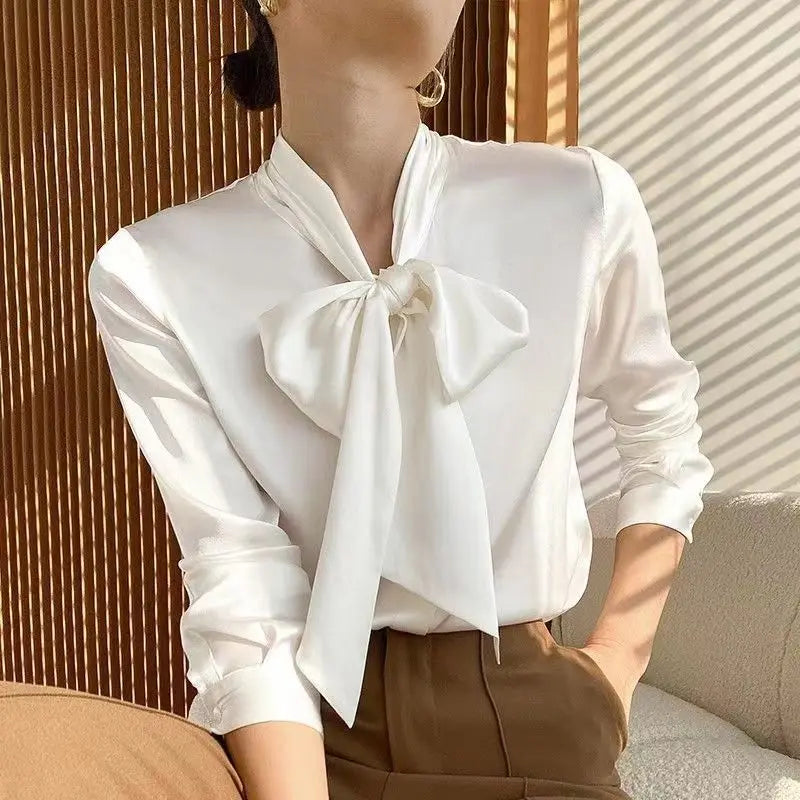 Elegant satin silk bow shirt - Elise